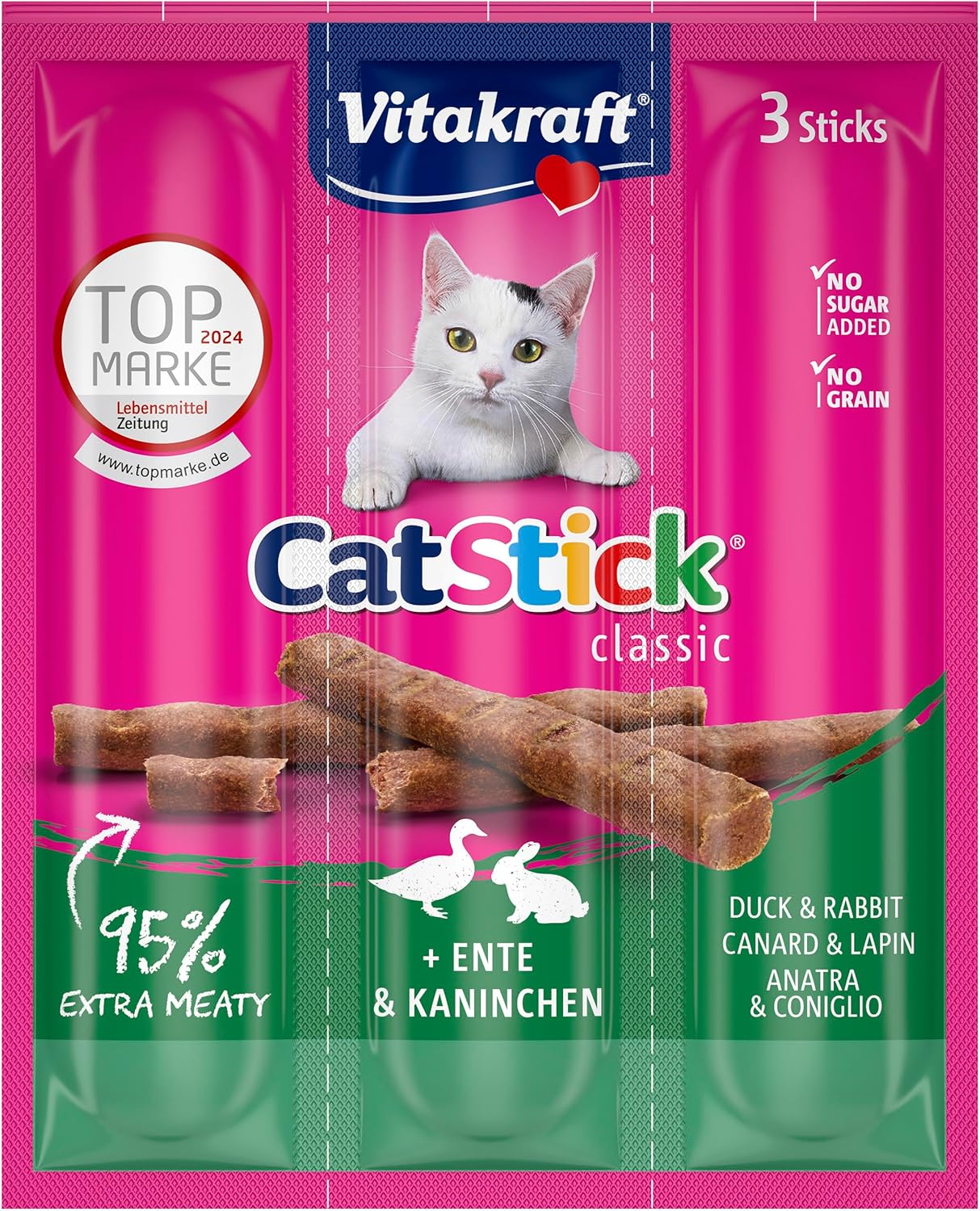 VITAKRAFT- Cat Stick Classic, Friandises Pour Chats, Stick Au Canard Et Lapin, Format Économique, Sans Sucres Ajoutés, (1 Paquet De 3X6G)