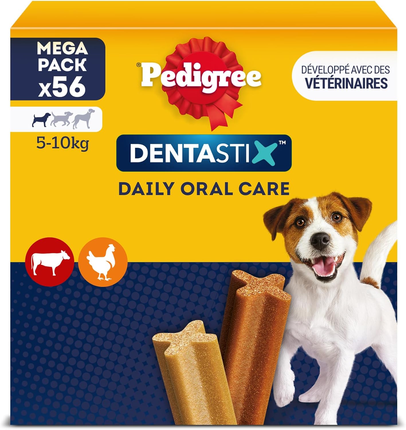 PEDIGREE DENTASTIX 56 Bâtonnets à Mâcher pour Petits Chiens 5-10kg, 8 Sachets de 7, Saveur Poulet et Bœuf, Détartrage Dentaire Chien, Soins Dentaires pour Chien