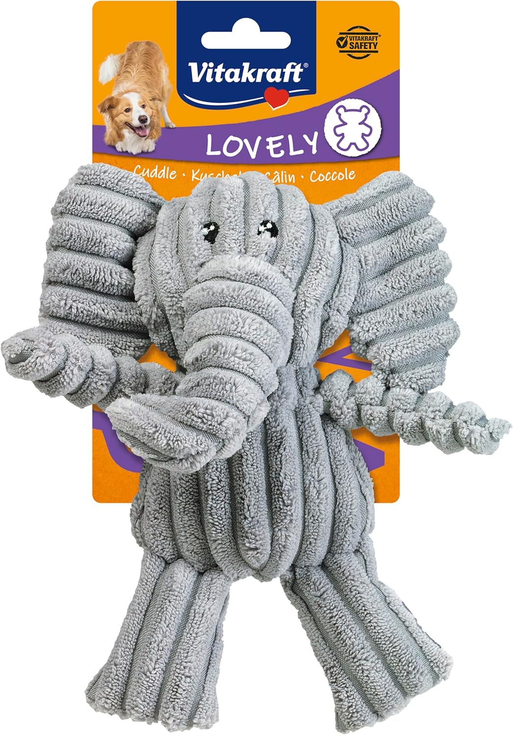 Vitakraft Safari Éléphant, jouet pour chiens, peluche pour chien, avec couineur, en velours côtelé (1 pièce)