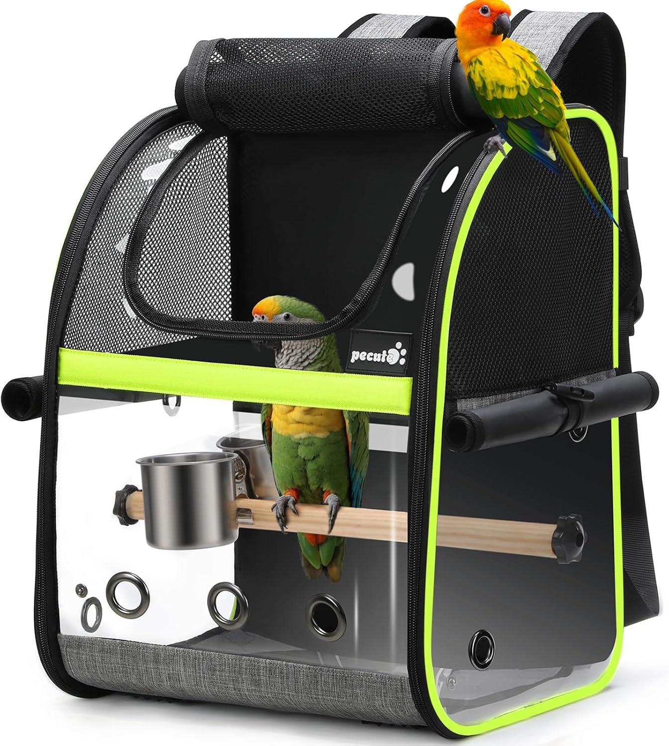 Pecute Sac à Dos de Transport Oiseau avec Rideaux Imperméable Anti-Soleil, Cage Transparente avec 4 Accessoires, pour Perroquet Carani Perruche