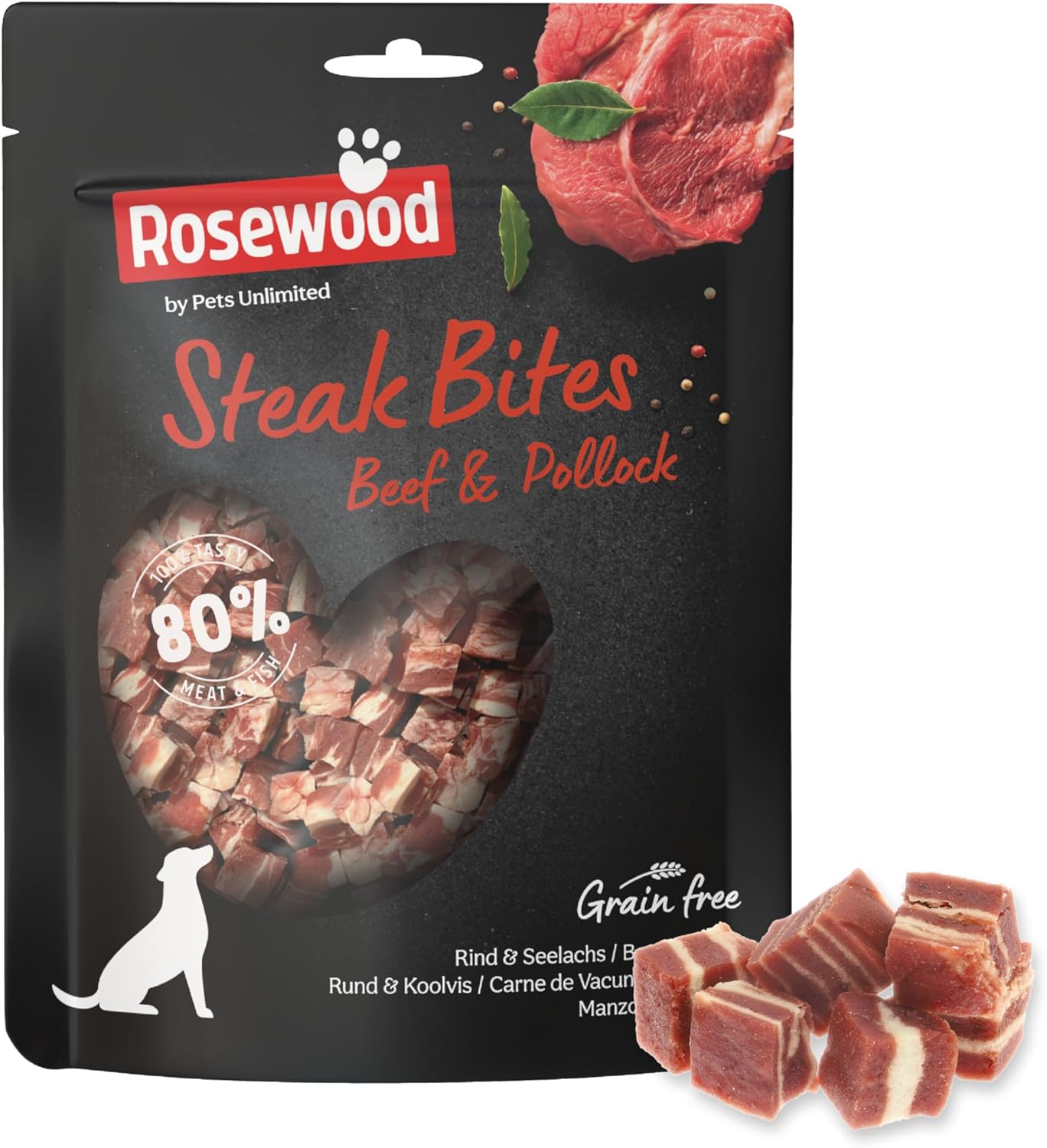 Rosewood Steak Bites Bœuf & Colin – Friandise Tendre pour Chien, Riche en Viande et Poisson, pour l’entraînement, sans céréales, sans additifs artificiels, 100 g