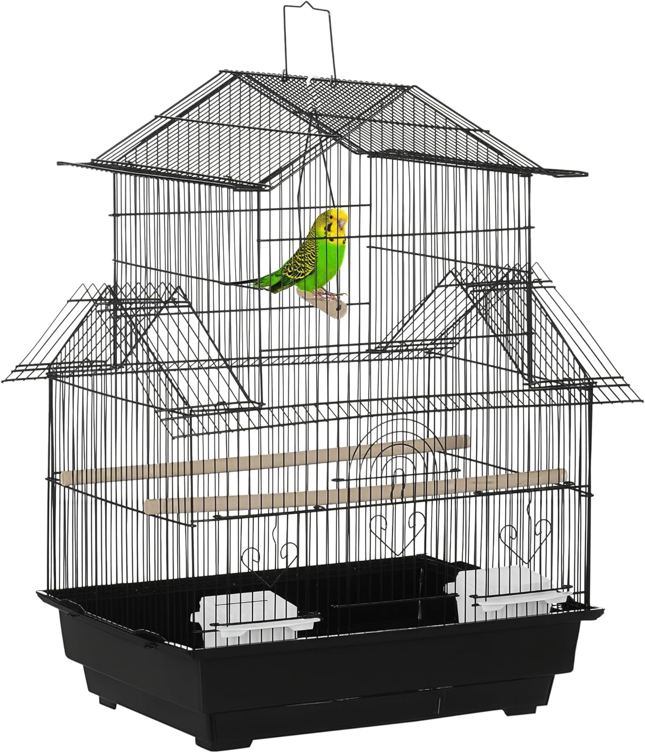 PawHut Cage à Oiseaux Design Maison mangeoires perchoirs 3 Portes Plateau excrément Amovible + poignée Transport 50,5 x 41 x 63 cm Noir