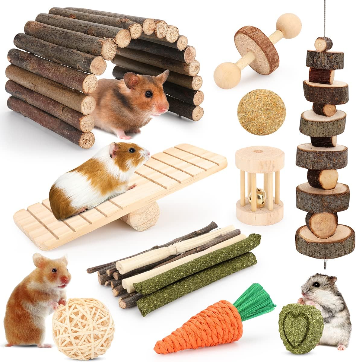 Jouets à mâcher pour hamster, cochon d'Inde, accessoires pour cage à hamster, petits animaux, jouets à mâcher pour chinchillas, gerbilles, lapin, cachette de lapin (12 jouets à mâcher différents)