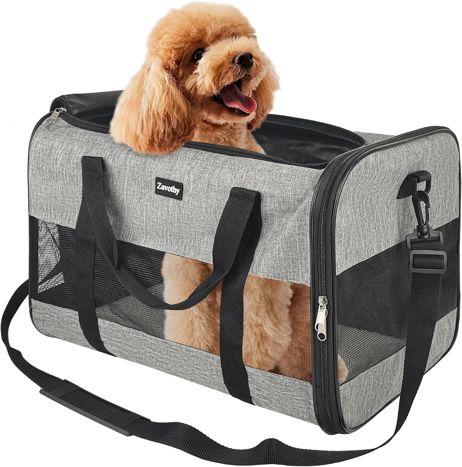 Zavothy Sac Transport Chat Chien, Sac Transport Respirant et Pliable, Caisse de Transport Chat avec Bandoulière Réglable, Matelas en Peluche Amovible, L, Gris
