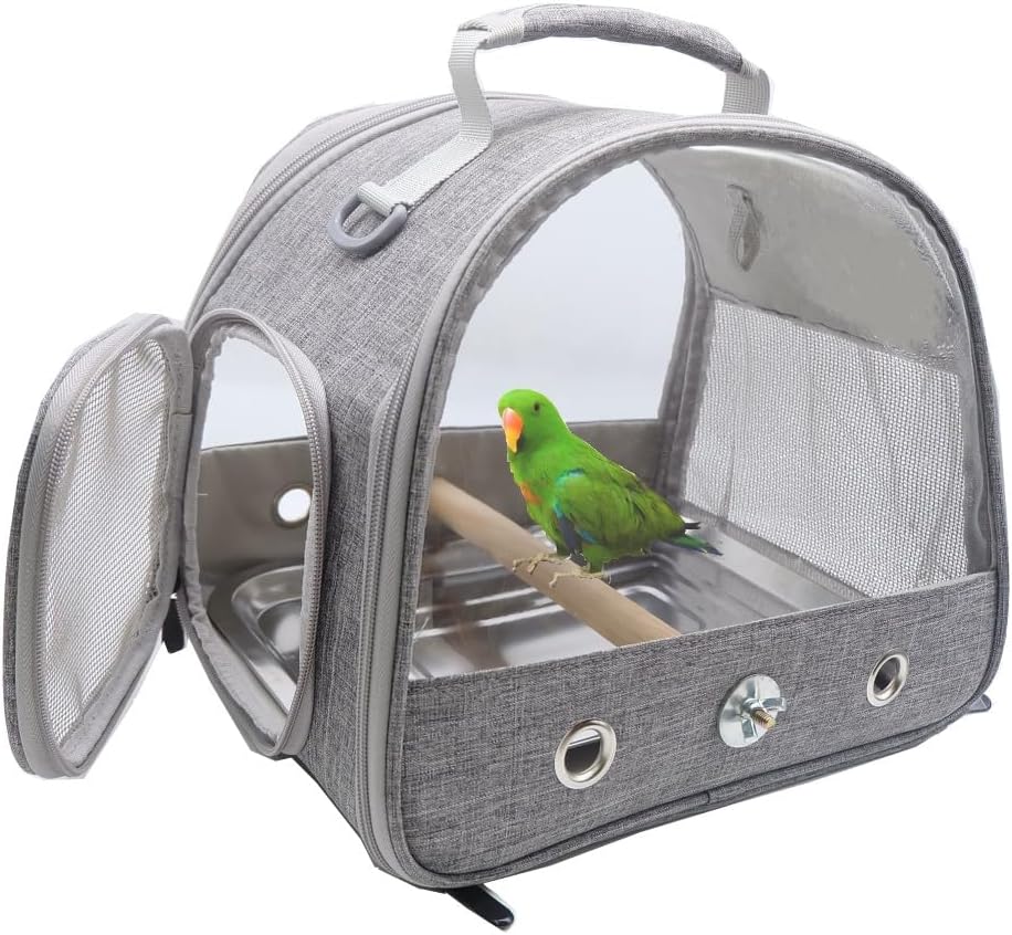 Cage de transport pour oiseaux avec perchoir debout et plateau en acier inoxydable, sac de transport pliable respirant pour petits oiseaux pour perroquets, perruches, petits animaux pour voyage