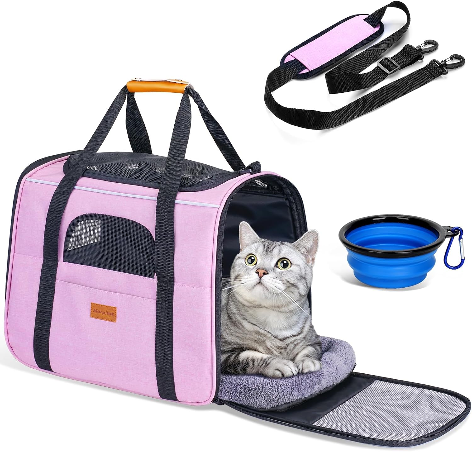 morpilot Sac Transport Chat Chien, Caisse de Transport Respirant et Pliable Cage avec Matelas en Peluche Amovible+Bandoulière+Bol