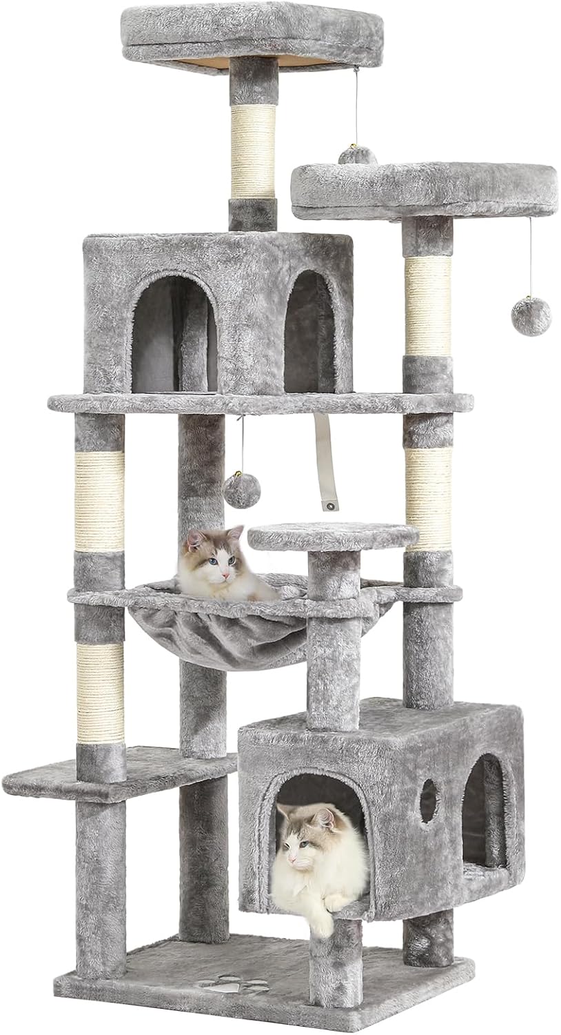 MSmask Grand arbre à chat stable en L avec 2 plateformes, 2 niches pour chats, hamac, colonnes en sisal, arbre d'escalade à plusieurs étages pour chats (gris clair, 160 cm)