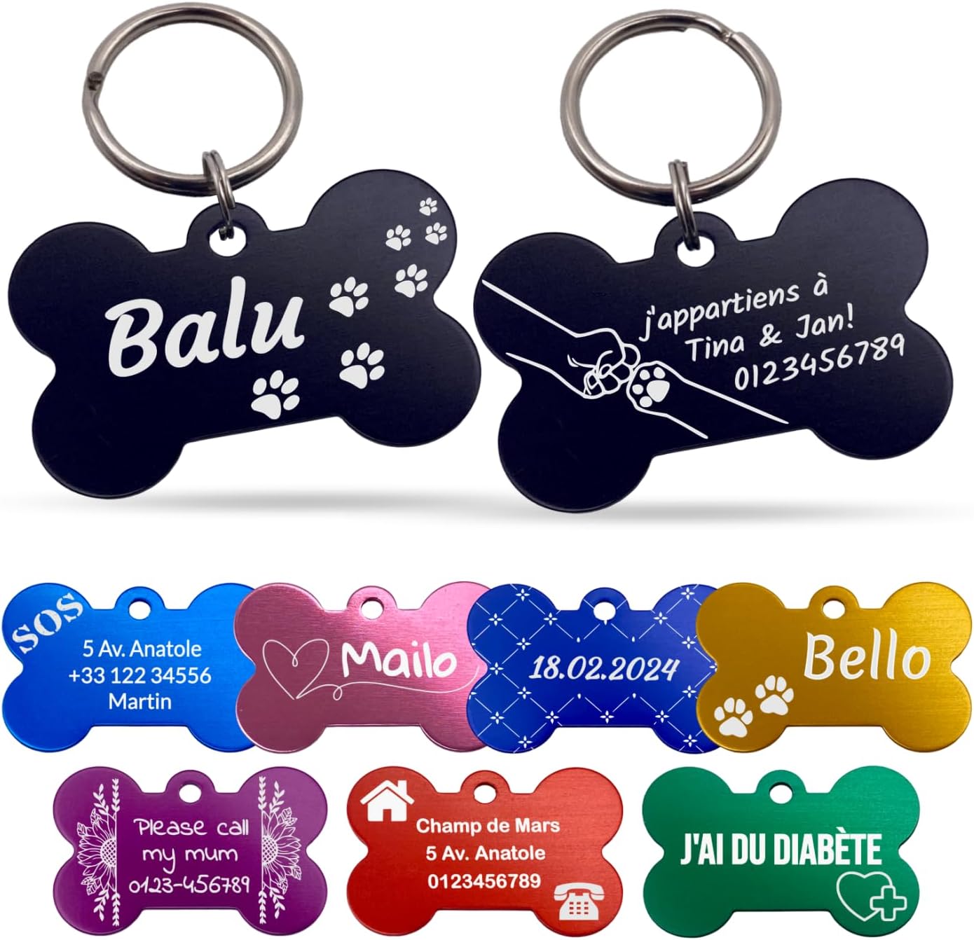 Plaque signalétique pour chien en emballage unique, chien, chat et maître, personnalisable, des deux côtés avec gravure | os | 38 mm (rose)