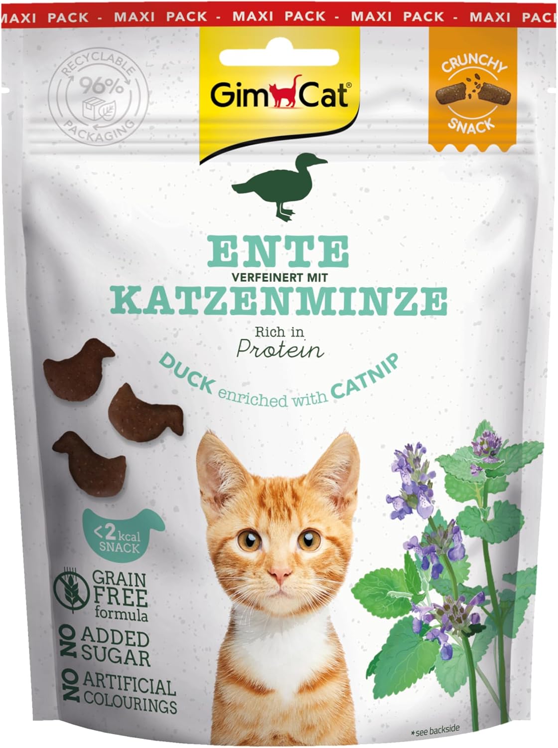 GimCat Crunchy Snacks Canard avec Herbe à Chat - Friandise pour Chat croustillante et Riche en protéines - 1 Sachet (1 x 140 g)