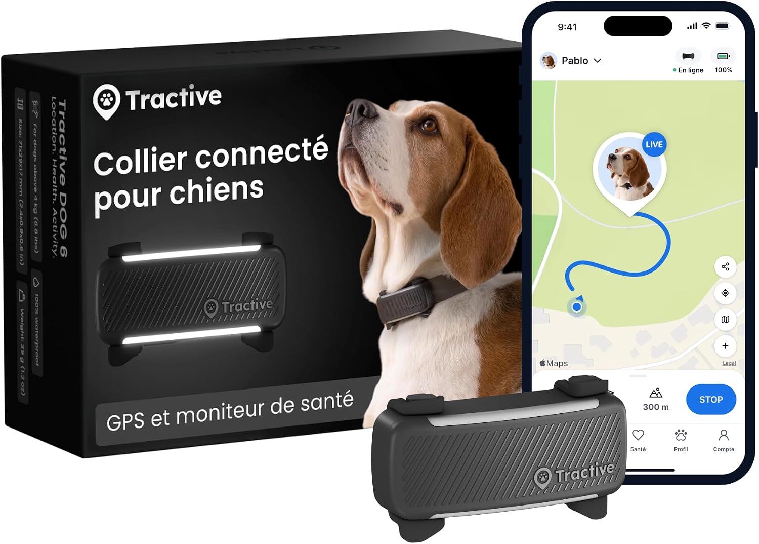 Tractive – Collier GPS pour chien | 2025 Édition | Leader du marché | Localisation en direct | Alertes anti-fugue | Moniteur d'activité et d'aboiements | Alertes de santé (Noir)