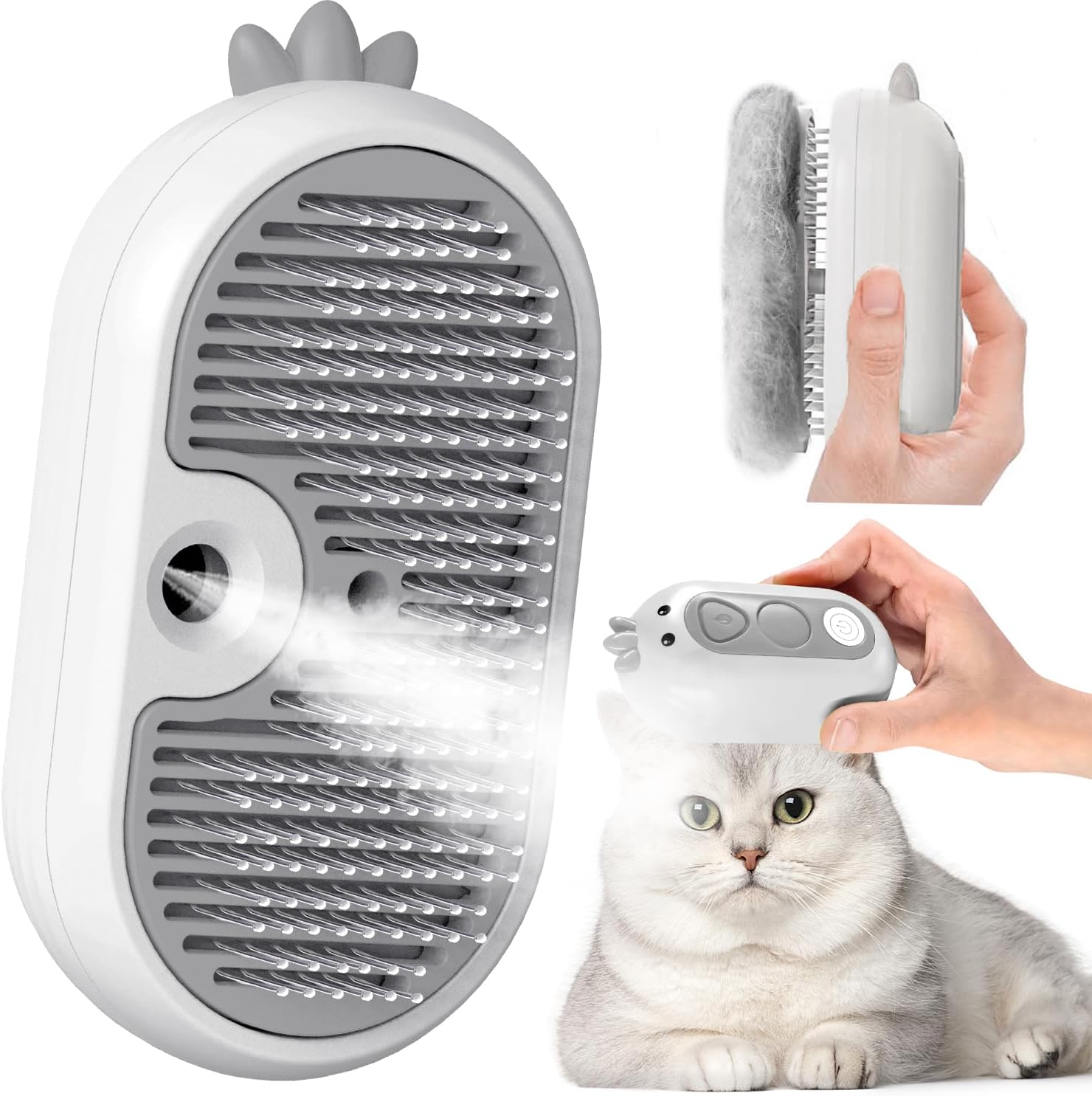 Brosse Chat Vapeur avec Bouton de Déverrouillage, Rechargeable Brosse Vapeur pour Poils Longs et Courts Chats Chiens Lapins, Autonettoyant Brush pour le Toilettage des Animaux de Compagnie