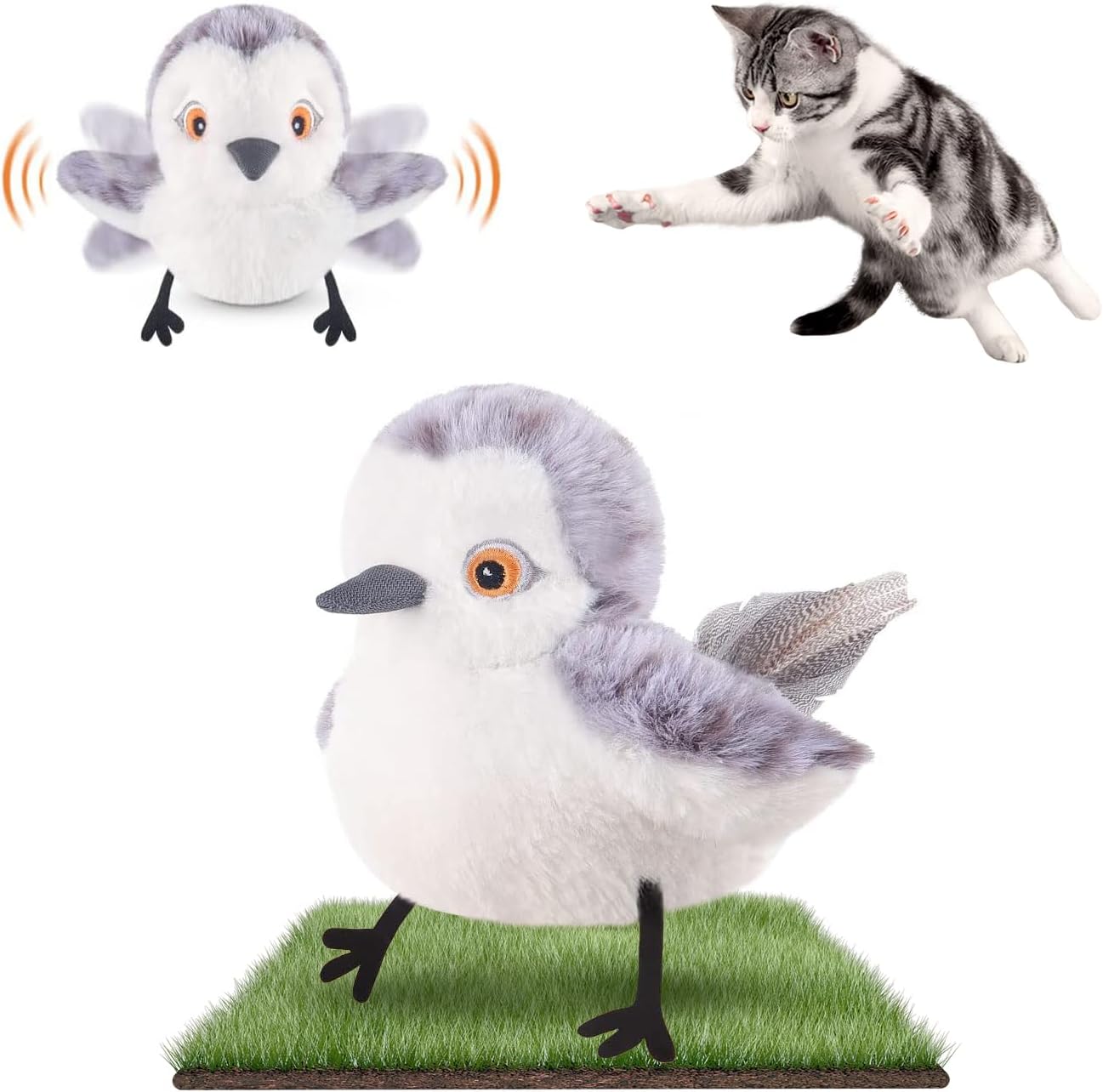 Migipaws Jouet pour Chats Oiseau battant, gazouillis de bécassine Plus Vrai Que Nature, Jouet activé par Le Toucher pour Chats, électrique interactif pour Chaton, avec Herbe à Chat, Rechargeable