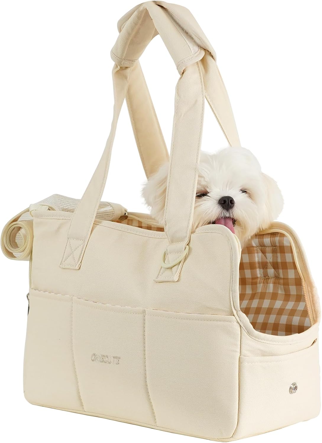 ONECUTE Sac de Transport pour Chat Chien Chiot Respirant et Pliable Sac de Voyage Sac à Bandoulière Sac à Main Chien pour Petit Animaux Capacité de Charge Jusqu'à 3 kg (Petit, Beige)