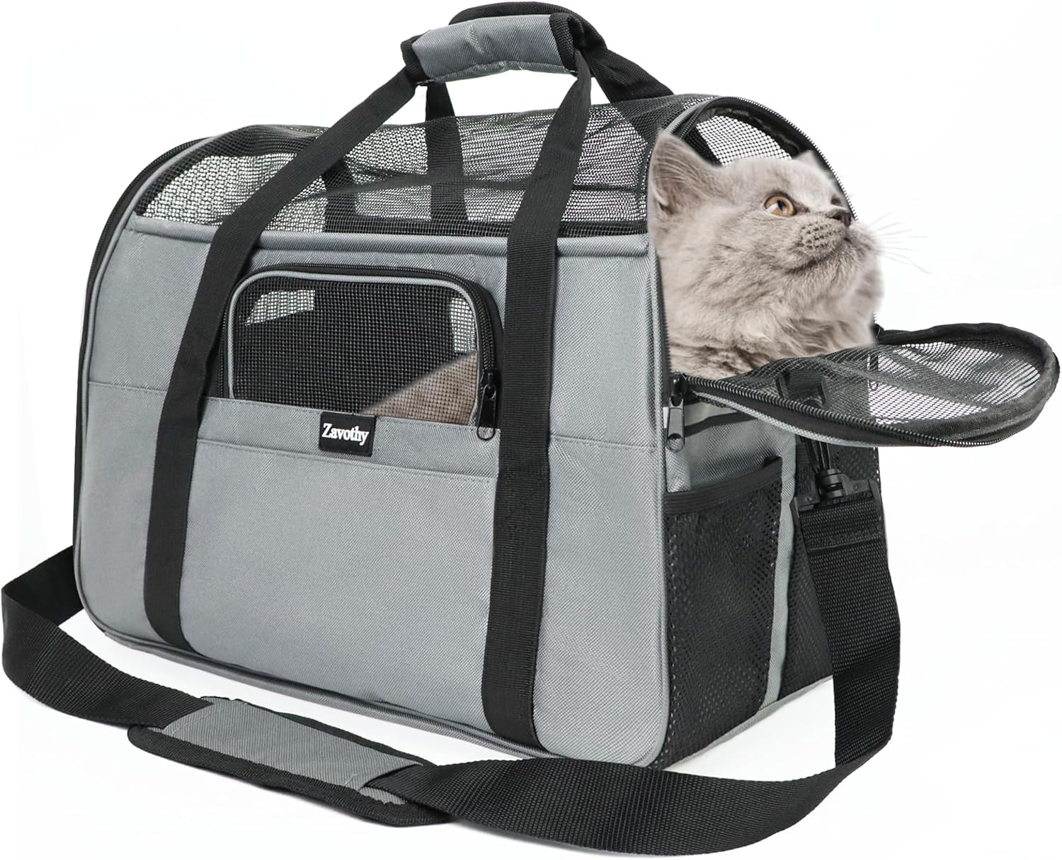 Zavothy Sac Transport Chat Chien, Sac Transport Respirant et Pliable, Caisse de Transport Chat avec Bandoulière Réglable, Matelas en Peluche Amovible, M, Gris