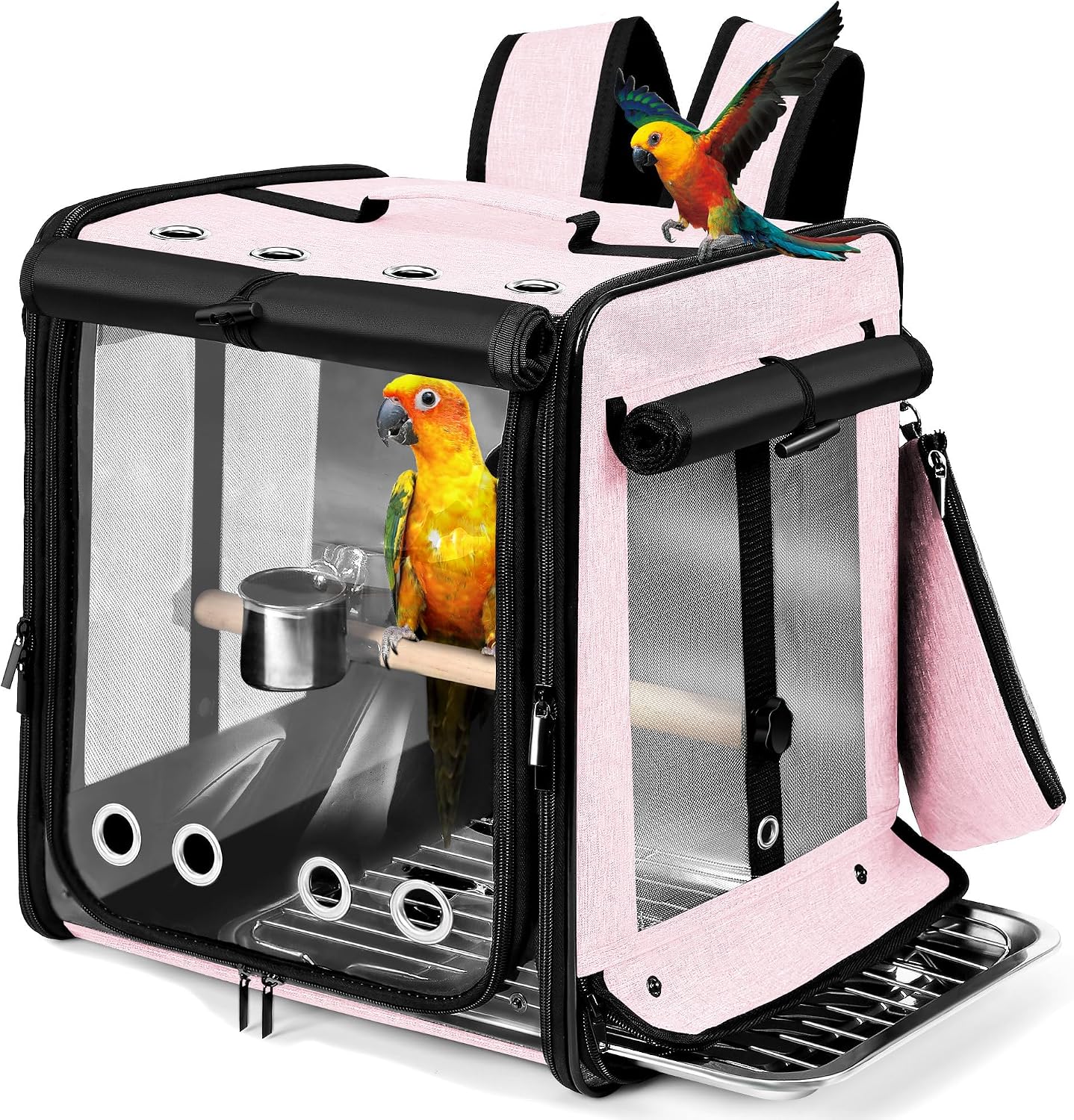 Porte-oiseaux avec ceinture de sécurité pour voyage en voiture, sac à dos avec maille en acier inoxydable indestructible, grande cage de transport d'oiseaux, rose