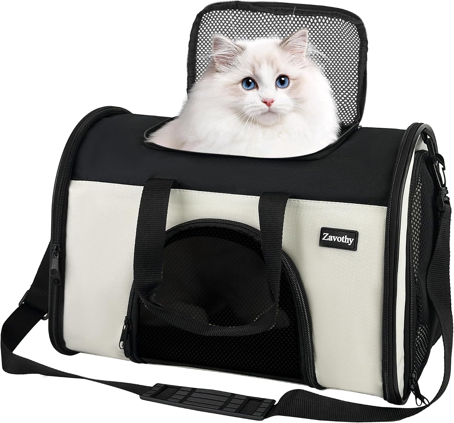 Zavothy Sac Transport Chat Chien, Sac Transport Respirant et Pliable, Caisse de Transport Chat avec Bandoulière Réglable, Matelas en Peluche Amovible, S, Beige