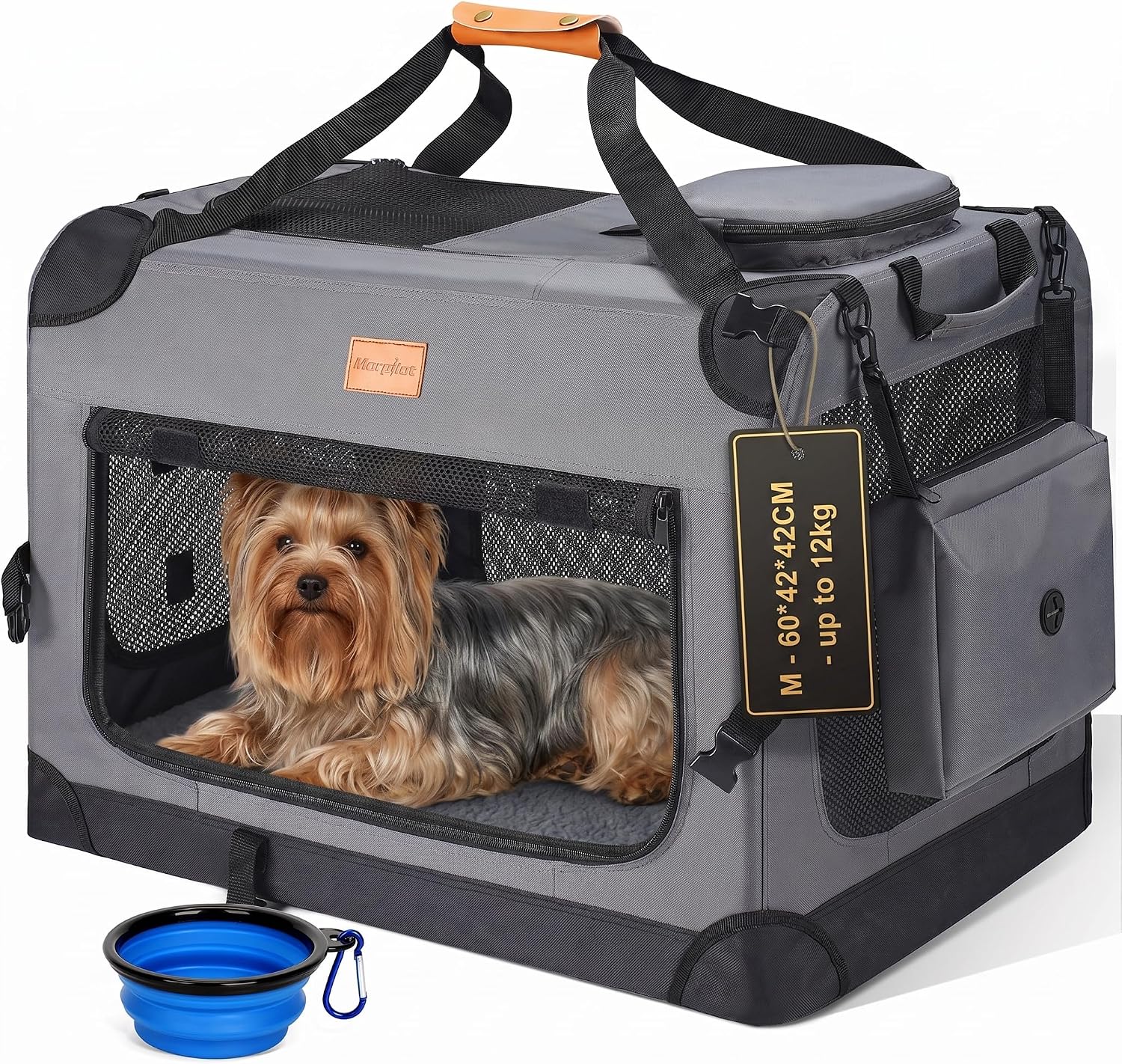 Morpilot Grand Sac de Transport pour Chien et Chat – Cage de Voyage Pliable à côtés Souples pour Chien de 12 kg Maximum avec gamelle Pliable, bandoulière et Poches de Rangement, Gris,M