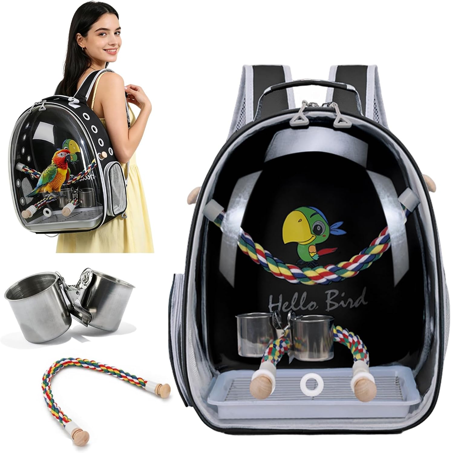 PETCUTE Sac de Transport pour Oiseaux, Cage Oiseau Multifonctionnelle Amovible, Respirant, Transparent, Fenêtre à Bulles avec Perchoir, Plateau De Nourriture-Noir