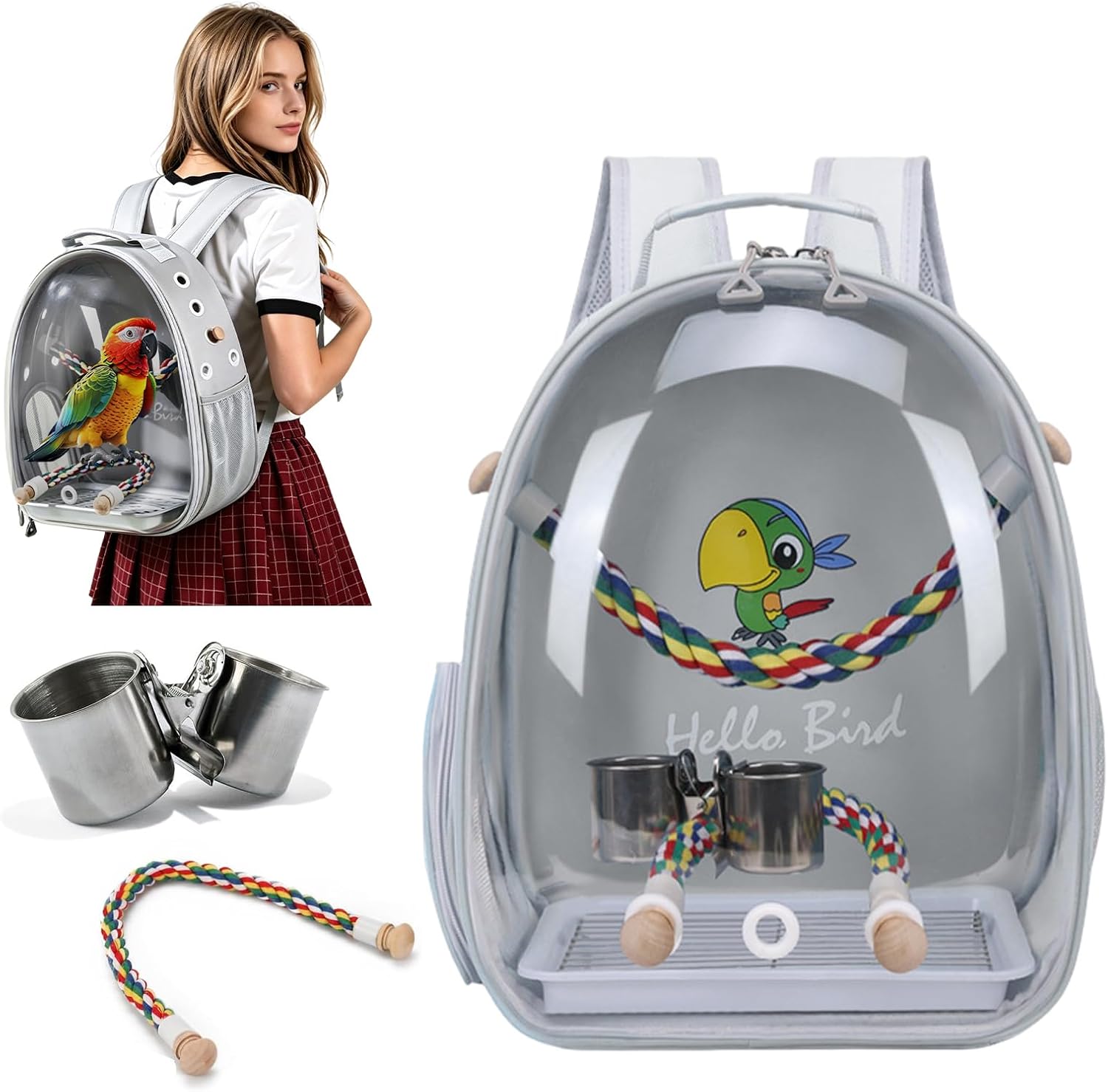 PETCUTE Sac de Transport pour Oiseaux, Cage Oiseau Multifonctionnelle Amovible, Respirant, Transparent, Fenêtre à Bulles avec Perchoir, Plateau De Nourriture-Gris