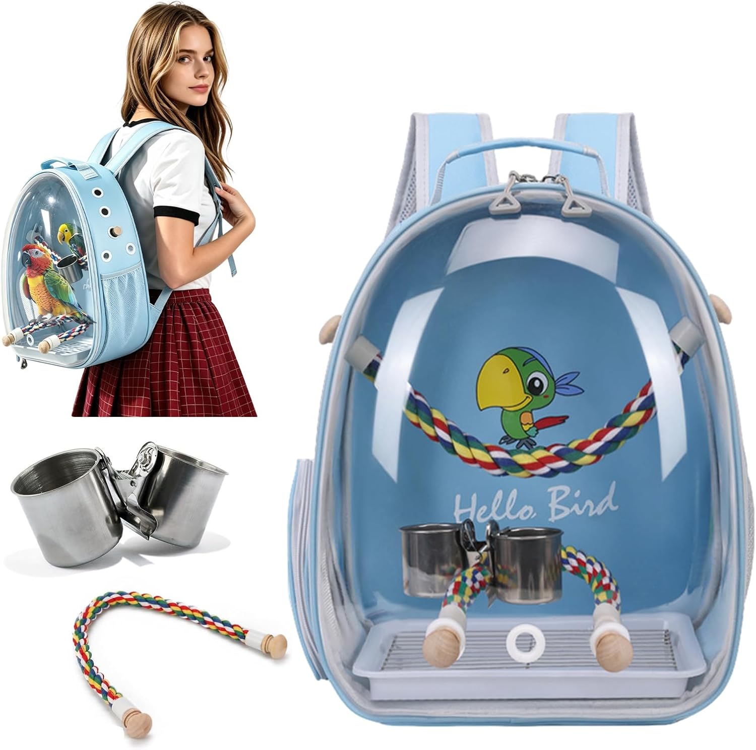 PETCUTE Sac de Transport pour Oiseaux, Cage Oiseau Multifonctionnelle Amovible, Respirant, Transparent, Fenêtre à Bulles avec Perchoir, Plateau De Nourriture-Bleu