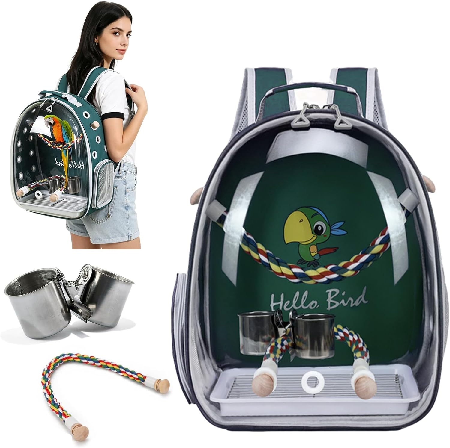 PETCUTE Sac de Transport pour Oiseaux, Cage Oiseau Multifonctionnelle Amovible, Respirant, Transparent, Fenêtre à Bulles avec Perchoir, Plateau De Nourriture-Vert