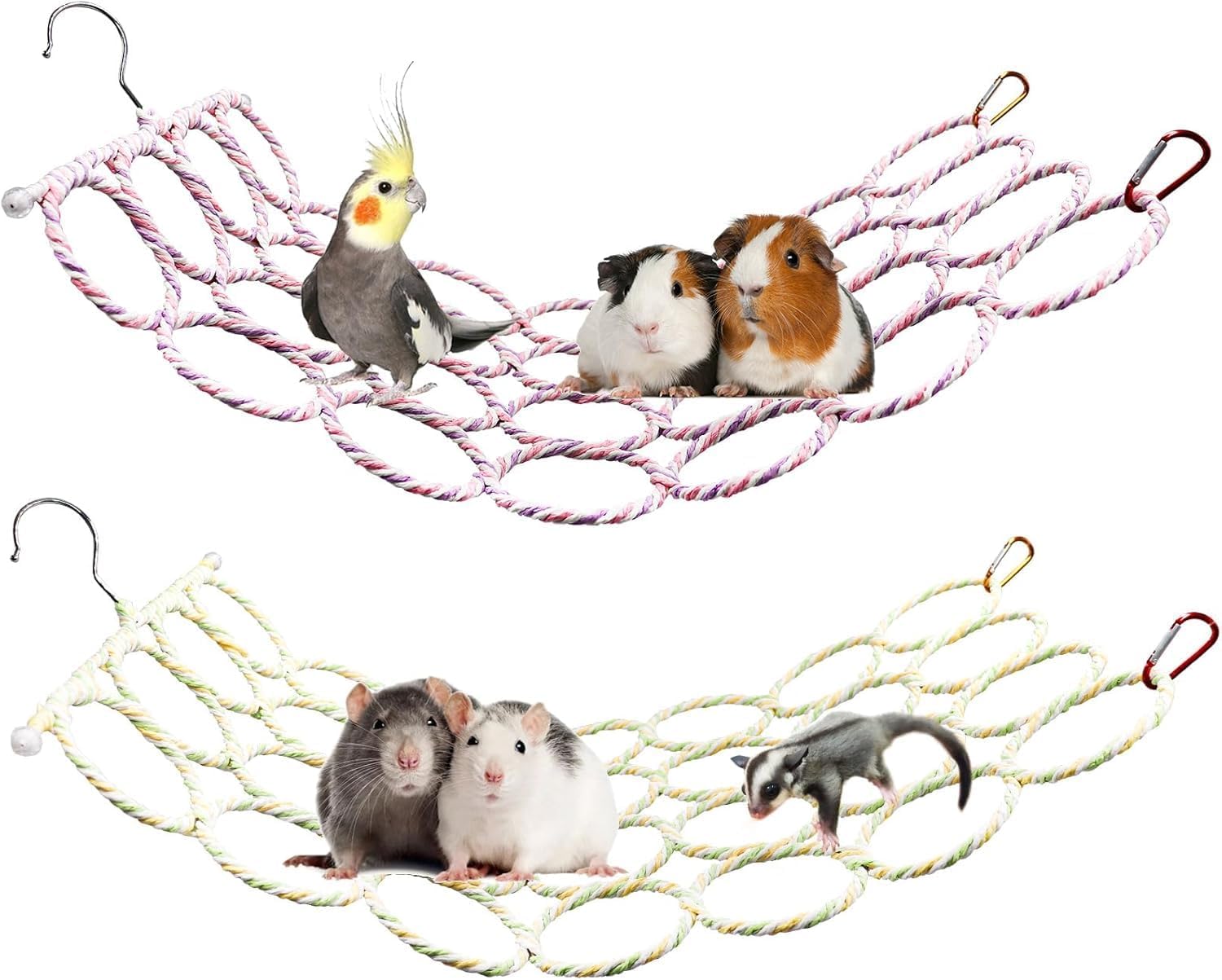 Lot de 2 Jouets Suspendus pour Petits Animaux – Filet à Corde pour Rats, Échelle Suspendue pour Oiseaux, Pont d’Escalade pour Perruches, Perroquets, Hamsters, Octodons, et Petits Animaux en Cage