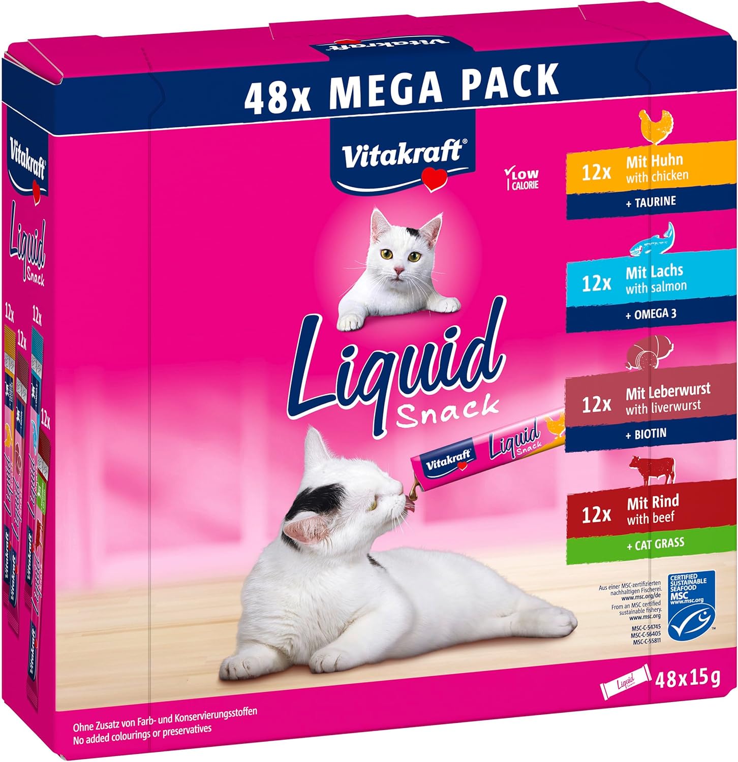 VITAKRAFT- Liquid Snack pour Chats, Friandises pour Chat en Méga Pack, Texture Crémeuse, Au Bœuf, Au Poulet, Au Saumon, 1 Pack Économique (48X 15G)