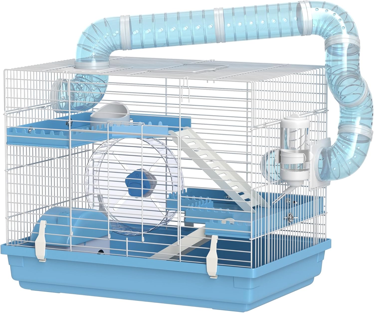 PawHut Cage pour Hamster Portable, Cage Hamster avec cabane, gamelle, Roue de Course, Bouteille d'eau, perchoirs, échelles, système de tuyaux, 47,5 x 31,5 x 29,5 cm, Bleu Clair