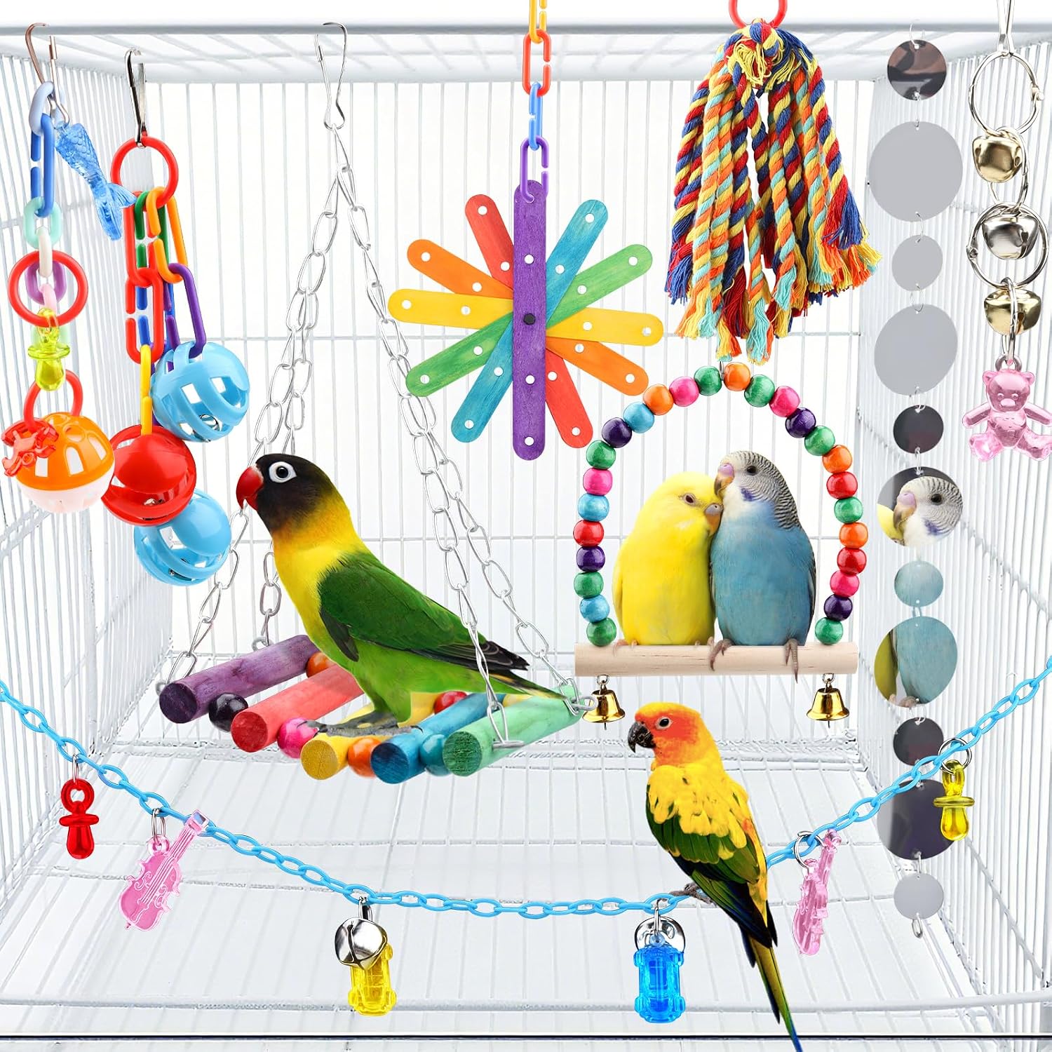 QUOZUO Jouets pour Oiseaux, 9 Pièces Jouet Perroquet, Jouets à Mâcher à Suspendre, Accessoire de Cage à Oiseaux, Balançoire, Échelle, Cloches, pour Perroquet, Pinsons