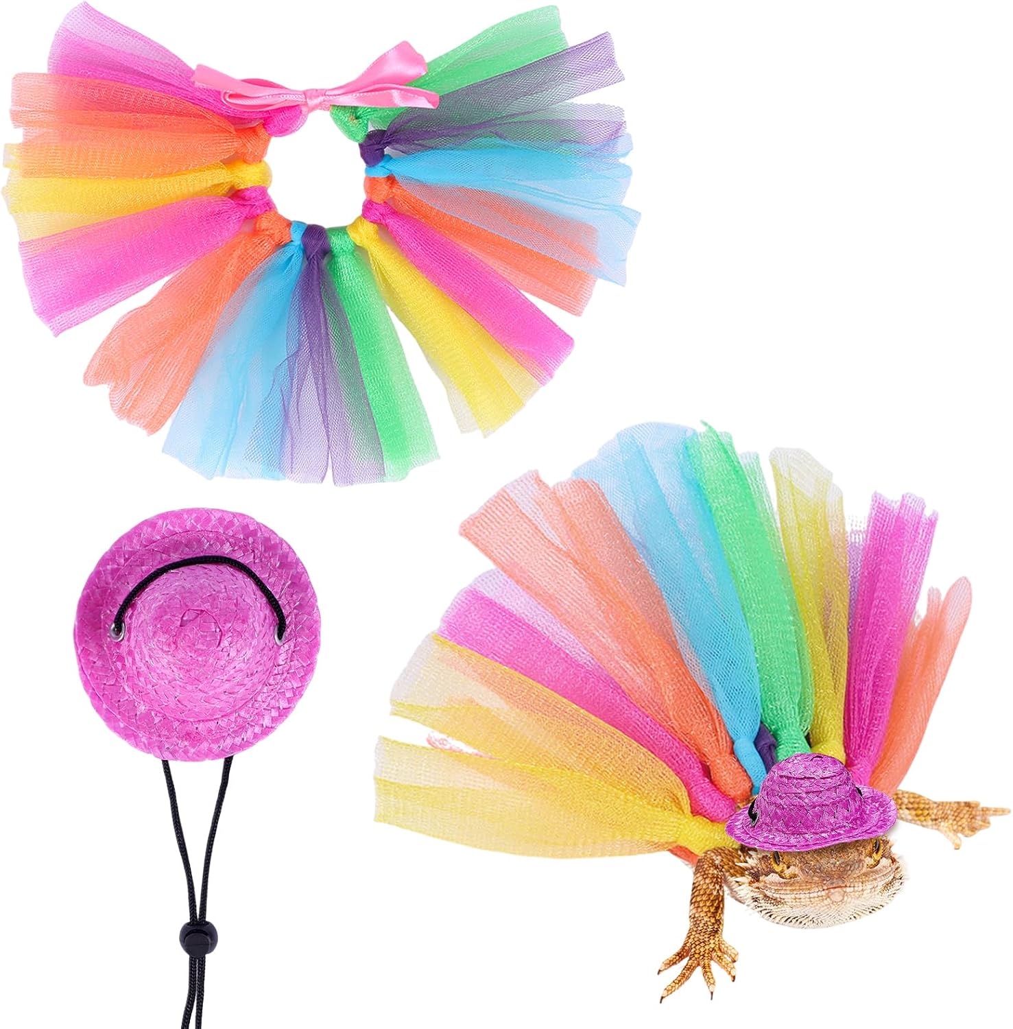Lot de 2 costumes de dragon barbu pour petit animal de compagnie avec chapeau réglable et jupe tutu arc-en-ciel pour lézards, cochons d'Inde, rats, furets pour célébrations, fêtes d'Halloween