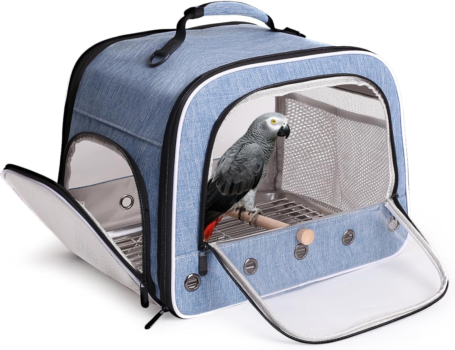 Transporteur pour Oiseaux de Grande Taille, Sac Portable avec Plateau en Métal et Grille pour Oiseaux Moyens et Grands comme le Perroquet Gris d'Afrique, Cacatuès à Longue Queue et Perroquet (Bleu, L)