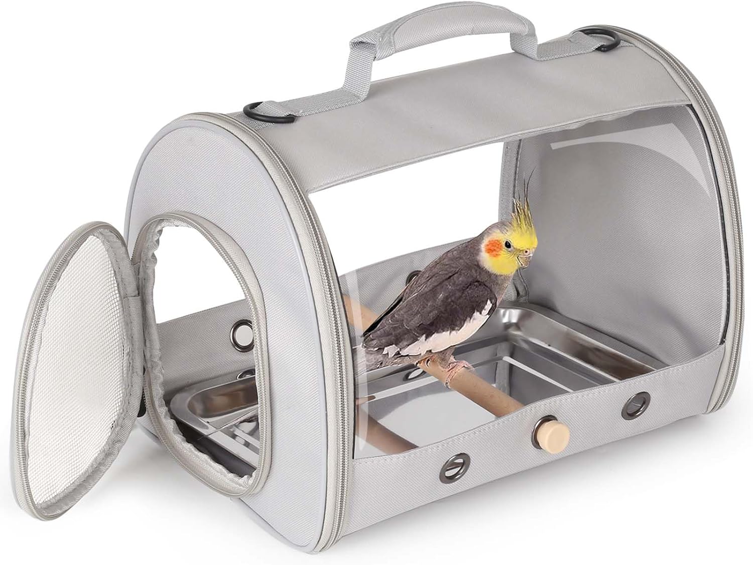 Cage de transport pour petits oiseaux, cage à oiseaux portable pour calopsitte à longue queue avec plateau en métal souple et support en bois (gris, design cylindrique)