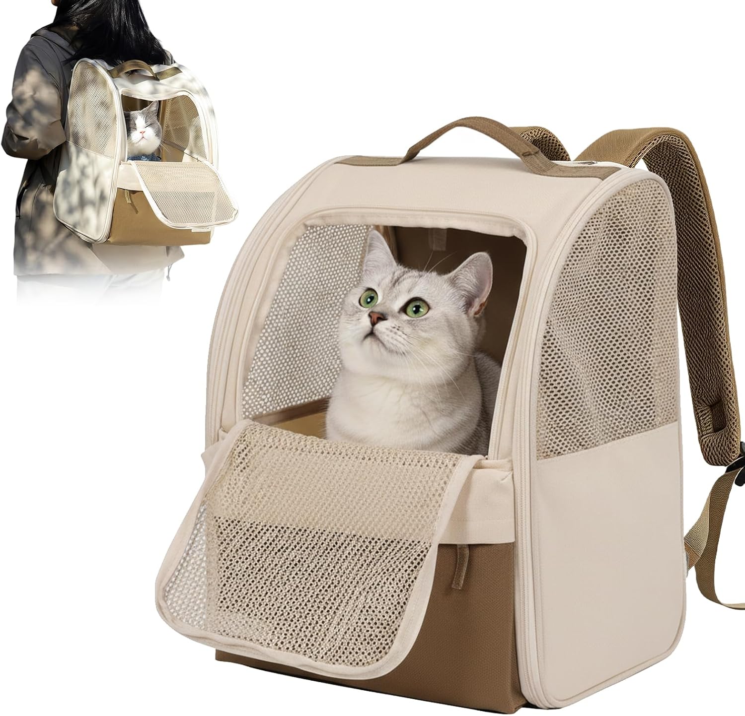 Sac À Dos Chat, Sac À Dos De Transport avec Sangles De Sécurité, Grand Espace Sac À Dos en Filet Respirant, Pliable Caisse De Transport Chat pour Petit Animaux, Jusqu'À 7.5 Kg, Couleur Riz
