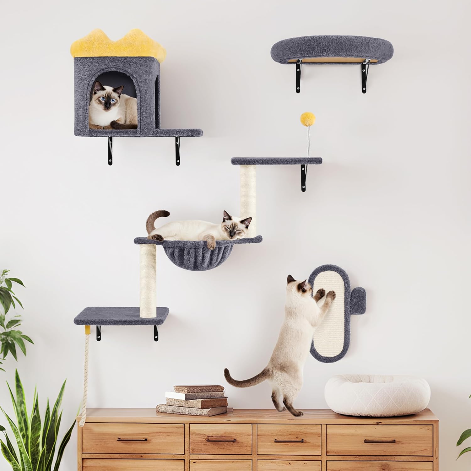 Yaheetech Arbre a Chat Mural, Parcours Mural pour Chats, Étagères Murales avec Griffoirs/Lit/Niche/Panier/pour Chats 10 kg (Gris foncé)