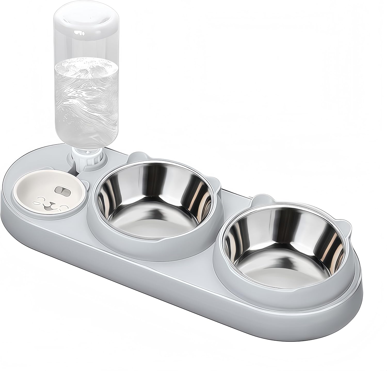 Marchul Ensemble de gamelle pour chat 3 en 1, ensemble de gamelle avec distributeur d'eau et 2 gamelles en acier inoxydable, gamelles pour chats inclinées à 15° pour chats d'intérieur