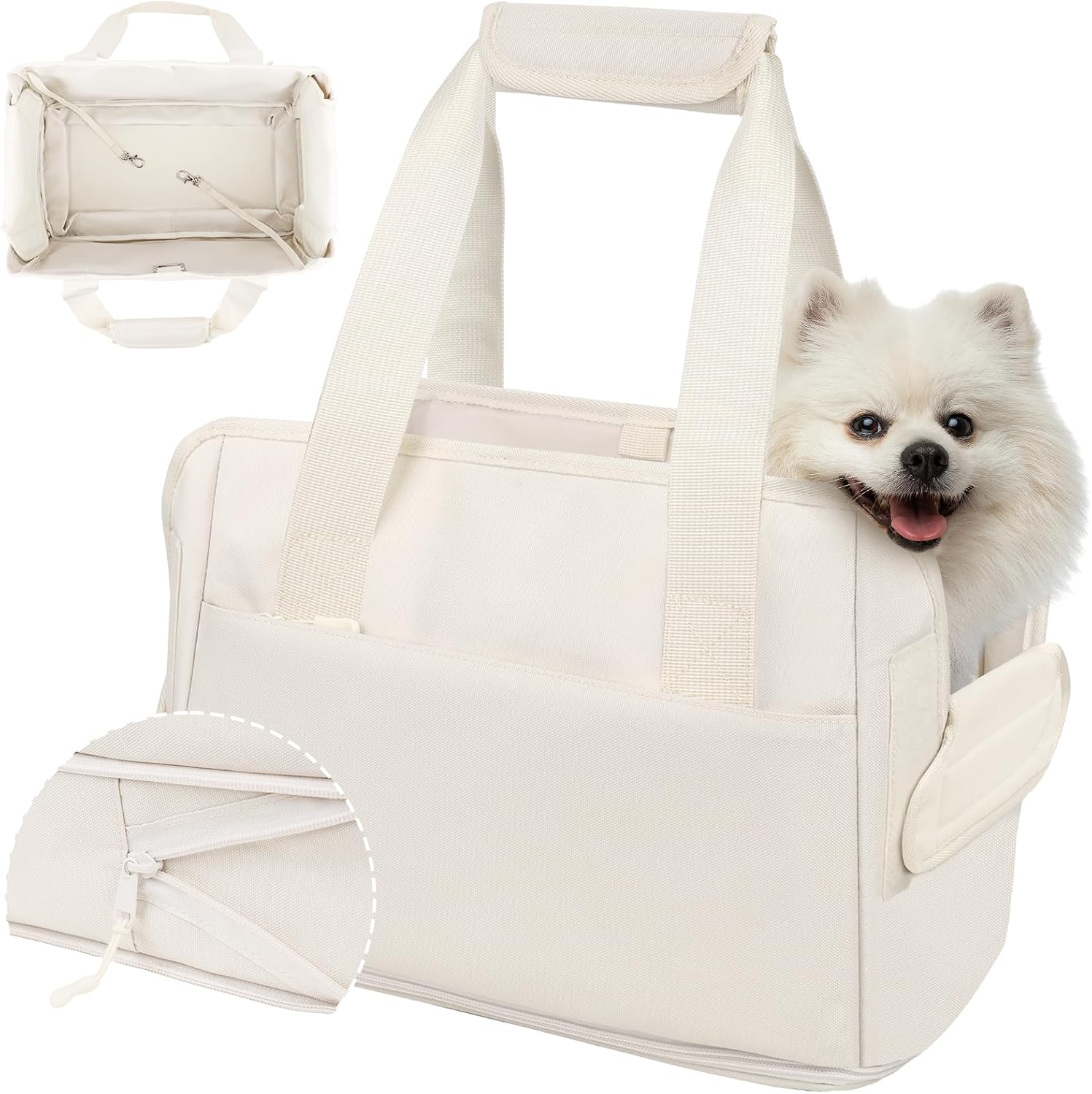 Sac de Transport pour Chien Chat 6kg Sac à Bandoulière pour Petit Animal de Compagnie Pliable Sac Chien Transport Réglable en Hauteur Oxford Imperméable Grande Capacité Sac à Main 40*26*20CM(Beige)