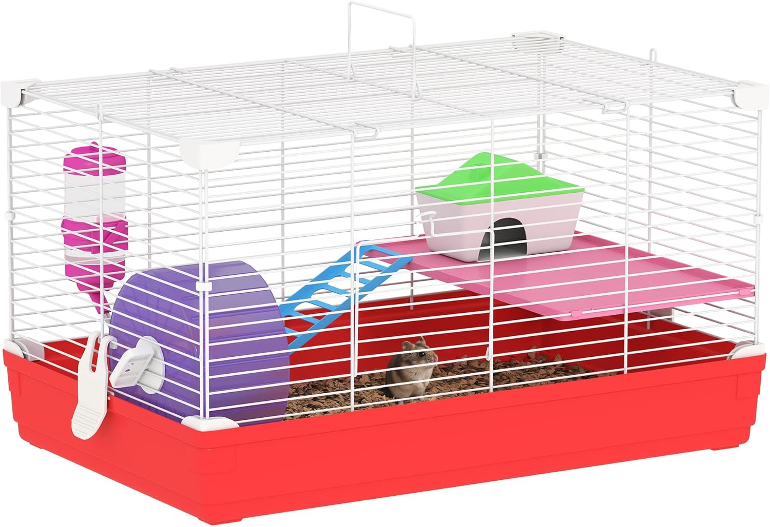 PawHut Cage Hamster, Cage Rongeur à 2 Niveaux, Base Amovible pour Un Nettoyage Facile, cabane, Roue d'exercice, échelle et Bol, 47 x 30 x 27 cm, Blanc et Rouge