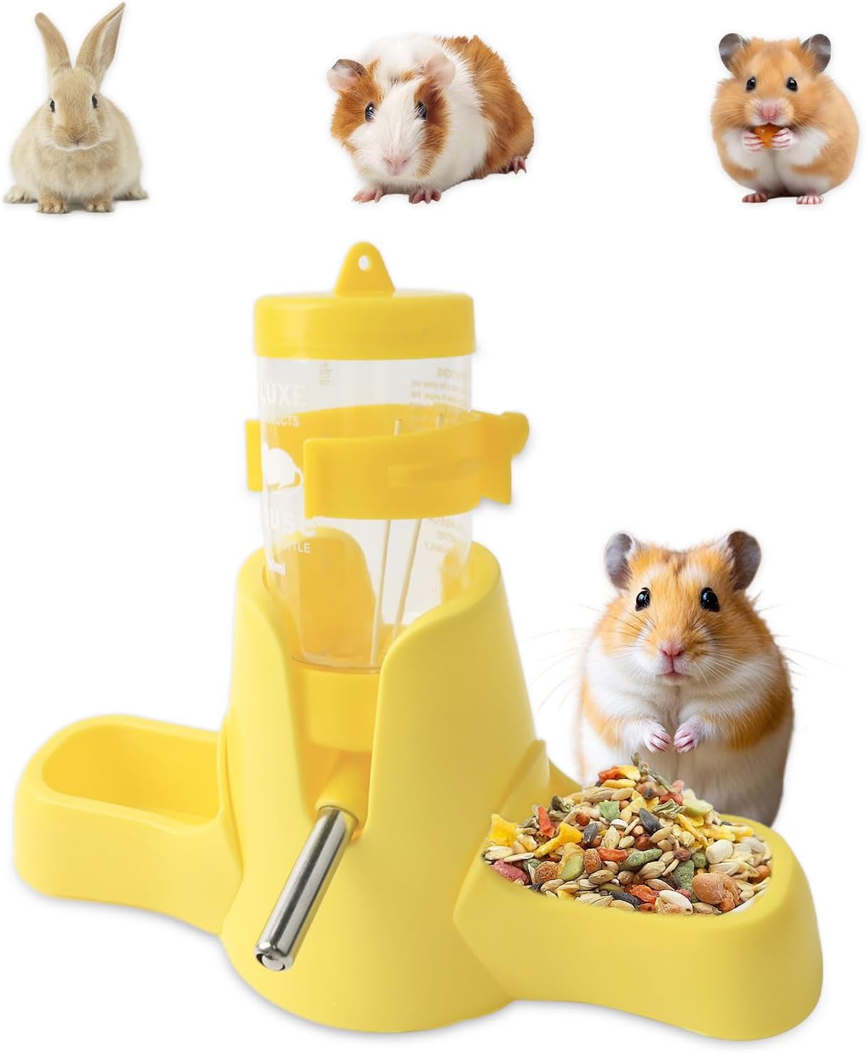 Gourde pour hamster - 80 ml - 3 en 1 - Avec gamelle - Jaune