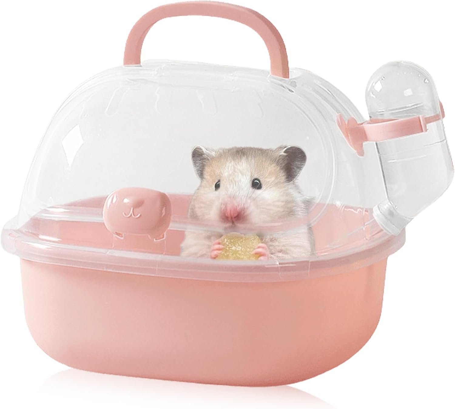 Boîte de transport pour hamster avec bouteille d'eau, hamster portable avec poignée confortable, 20 L x 18 l x 19 H cm, boîte de voyage pour souris, cochons d'Inde, lapins (rose)