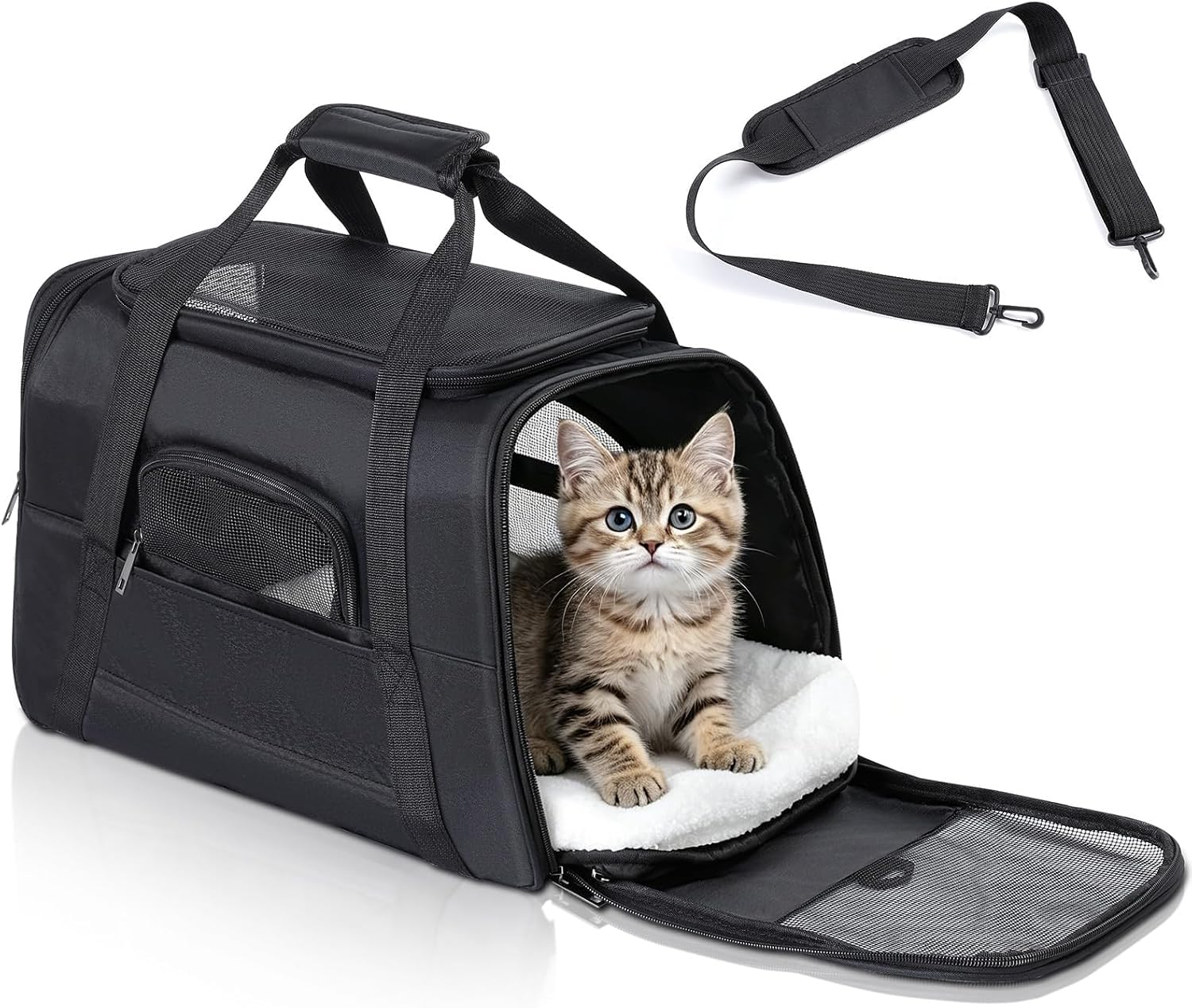 Romon Sac Transport Chat, Caisse de Transport Chien Respirant et Pliable jusqu'à 6 kg, Transporteurs avec Matelas en Peluche, Boîte de Transport avec Bandoulière Réglable, 17.3x11x9.8 inch, Noir