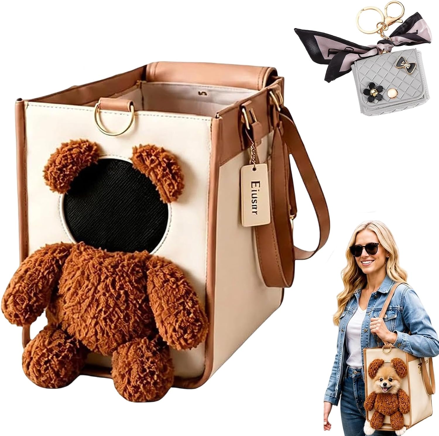 Sac de transport multifonction 2 en 1 pour petits chiens et chats, en peluche, motif ours brun mignon, sac à bandoulière (L)