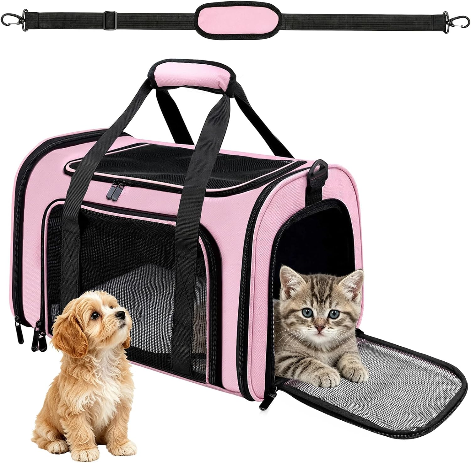 KOUHA Sac de Transport pour Chats et Chiens avec Bandoulière Pliable et Portable Sac à Chat pour Voyage en Train/Voiture pour Animaux Jusqu’à 5 kg 45 x 30 x 30cm (Rose)