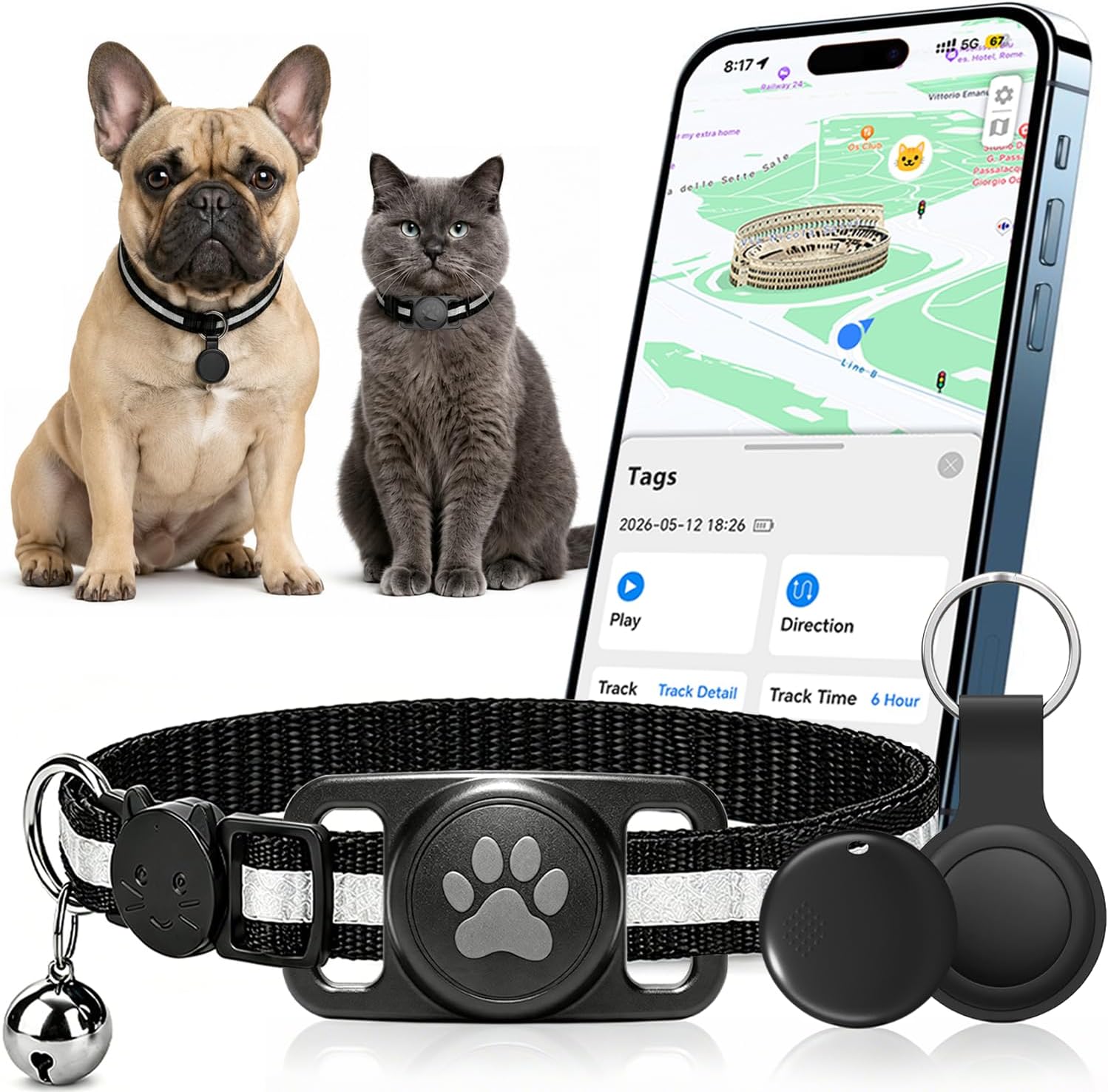 2026 Mini Traceur GPS Chat - Collier GPS Chat Flexible sans Abonnement (Historique de Suivi 3 Jours), Collier GPS pour Chien avec Suivi en Temps réel et étanchéité, Compatible iOS/Android (Noir)
