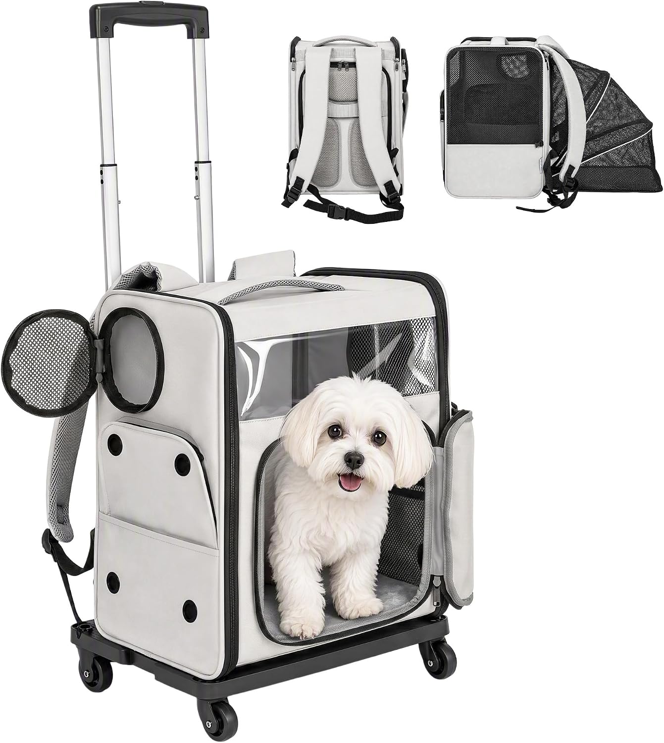 PawHut Sac de Transport pour Chat 2-en-1 roulettes Pliable Extensible Gris